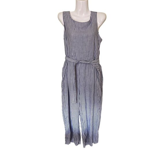 Tahari Womens Blue‎ & White Linen Blend Sleeveless JumpsuitBelt Sz 6 Boho Beachy - Picture 1 of 12